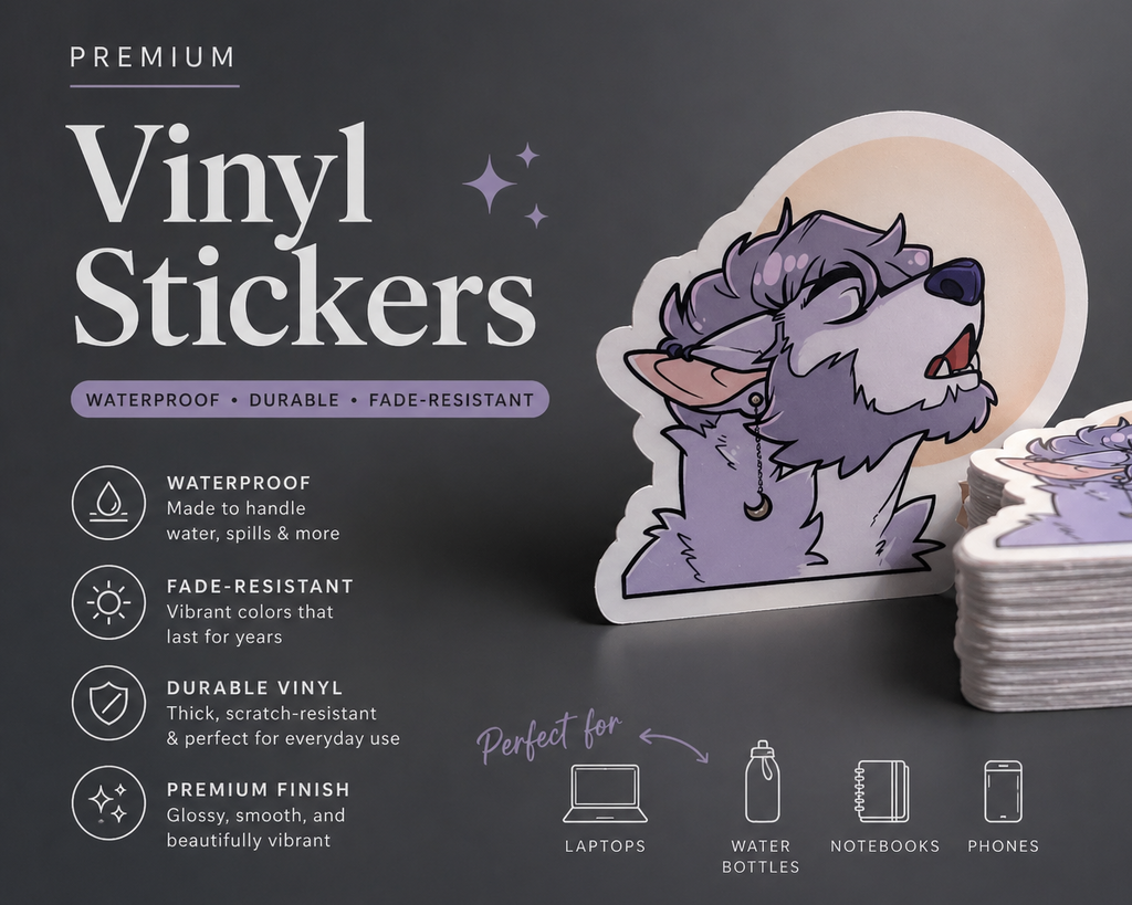 A set of die-cut vinyl stickers featuring a stylized purple cartoon dog, shown with a stack of stickers on a dark gray background with promotional text and icons.