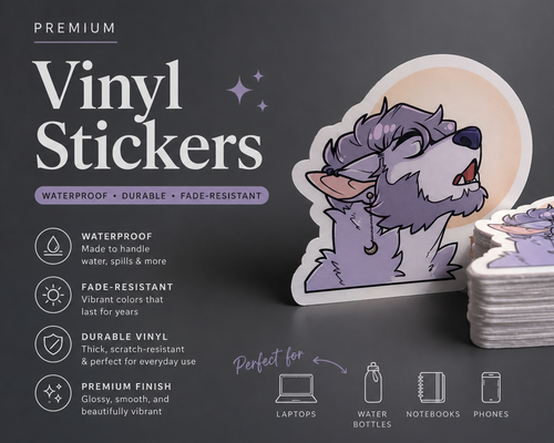 A set of die-cut vinyl stickers featuring a stylized purple cartoon dog, shown with a stack of stickers on a dark gray background with promotional text and icons.